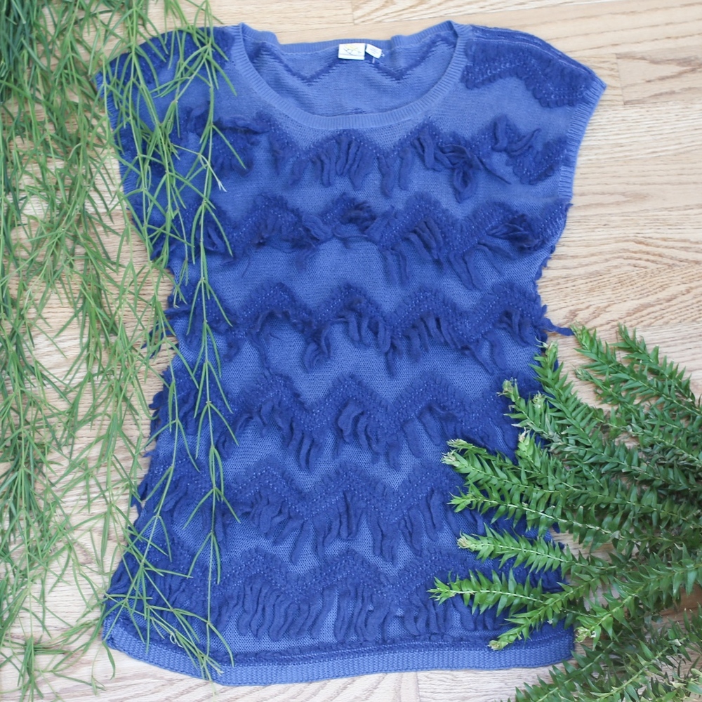 Anthropologie Yellow Bird Blue ZigZag Fringe Top